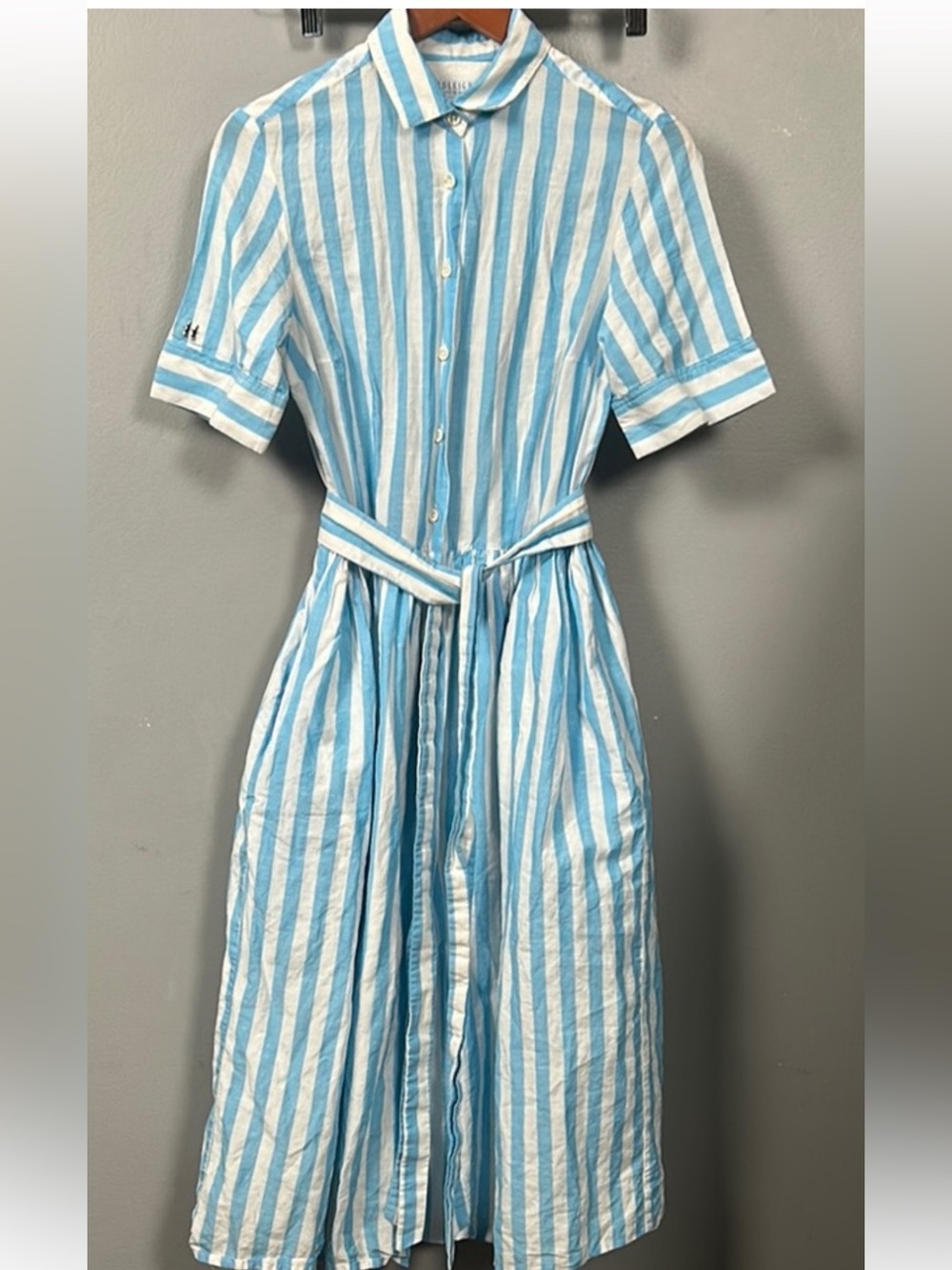 Hadleigh’s Blue and White Striped Button-Front Midi Shirt Dress cotton linen